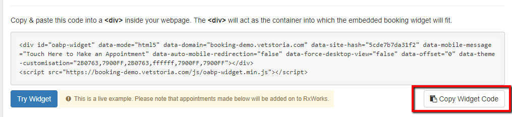 Booking 'Widget' code Customisation - New UI – Online Booking